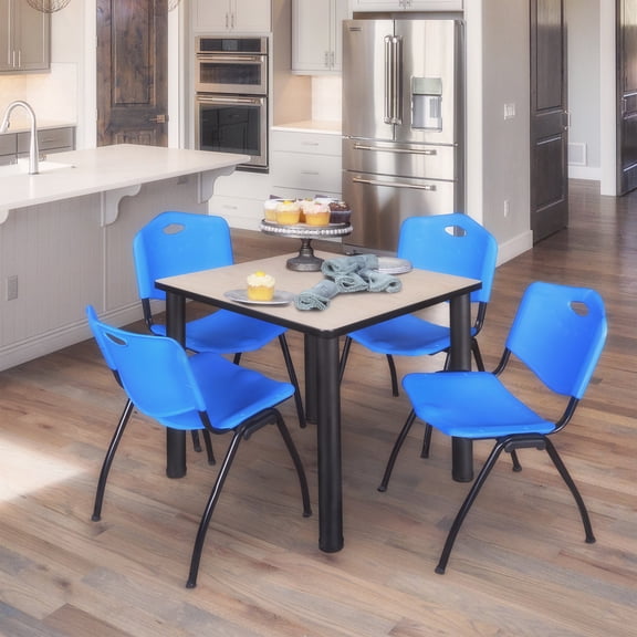 Regency Kee 36" Square Breakroom Table- Maple/ Black & 4 'M' Stack Chairs- Blue