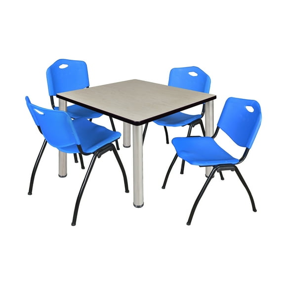 Regency Kee 36 in Square Breakroom Table- Maple Top, Chrome Legs, 4 M Stack Chairs- Blue