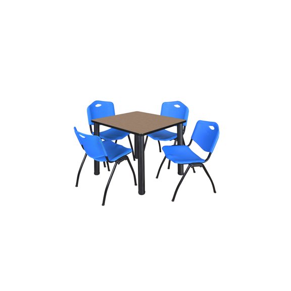 Regency Kee 36" Square Breakroom Table- Noble Oak/ Black & 4 'M' Stack Chairs- Blue