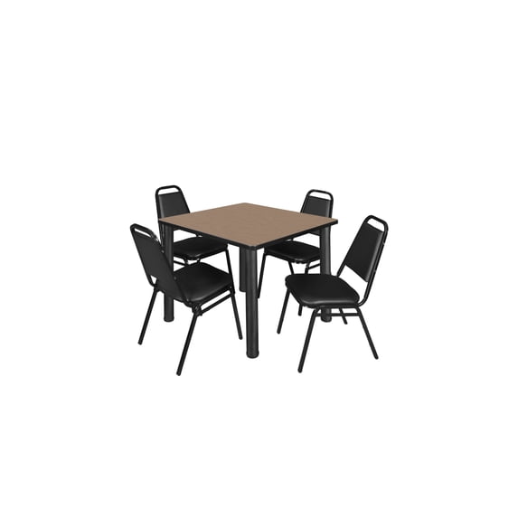 Regency Kee 36" Square Breakroom Table- Noble Oak/ Black & 4 Restaurant Stack Chairs- Black