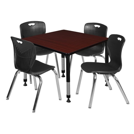Regency Kee 36" Square Height Adjustable Classroom Table - Mahogany & 4 Andy 18-in Stack Chairs- Black
