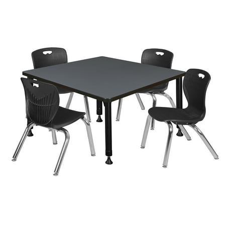 Regency Kee 36 in. Square Adjustable Classroom Table- Grey & 4 Andy 12 in. Stack Chairs- Black