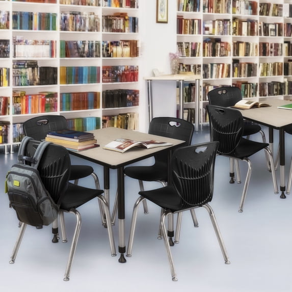 Regency Kee 36 in. Square Adjustable Classroom Table- Maple & 4 Andy 18 in. Stack Chairs- Black