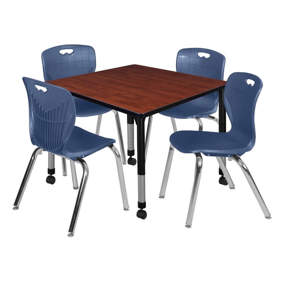 Regency 36 Square Mobile Classroom Table- Cherry & 4 Andy 18 Stack Chairs- Blue