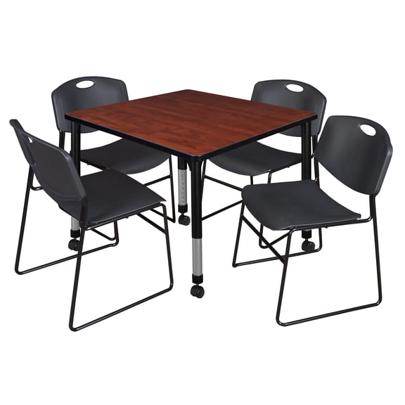 Regency Kee 36 in. Square Mobile Adjustable Classroom Table- Cherry & 4 Zeng Stack Chairs- Black