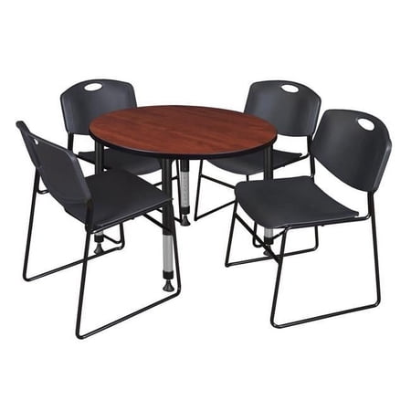 Regency Kee 36 in. Cherry Round Height Adjustable Classroom Table & Black 4 Zeng Stack Chairs
