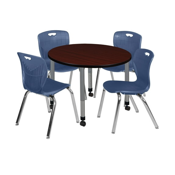 Regency Kee 36 in. Round Adjustable Classroom Table- Mahogany & 4 Andy 18 in. Stack Chairs- Blue & Grey Base