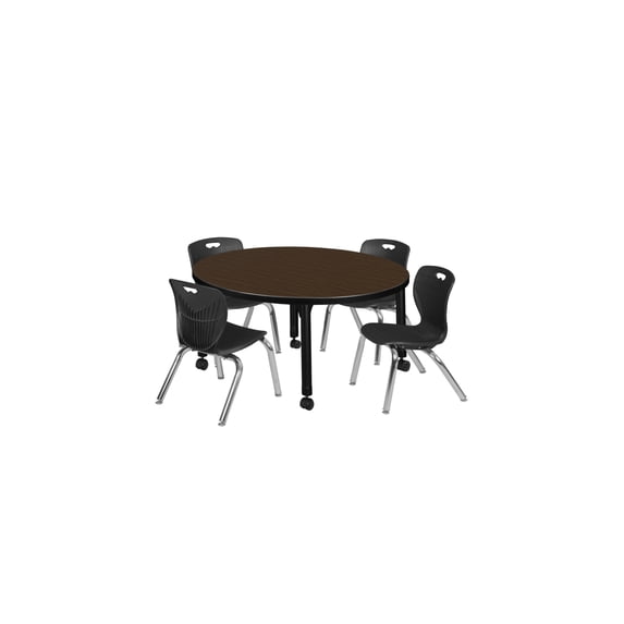 Regency Kee 36 in. Round Mobile Adjustable Classroom Table- Neo Walnut Top, Black Base & 4 Andy 12 in. Black Stack Chairs