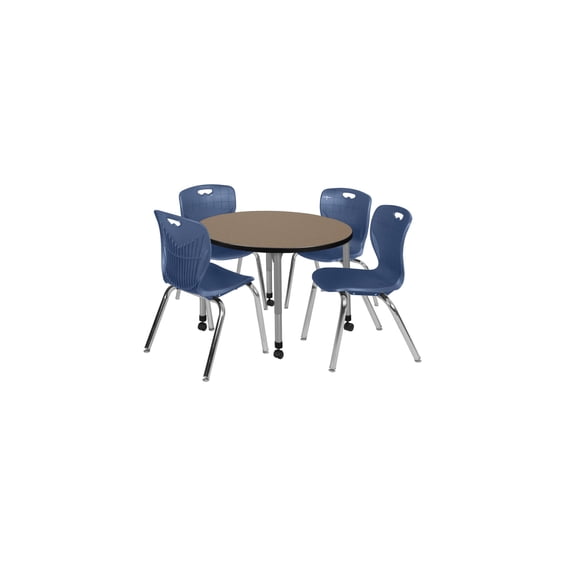 Regency Kee 36 in. Round Mobile Adjustable Classroom Table- Noble Oak Top, Grey Base & 4 Andy 18 in. Blue Stack Chairs