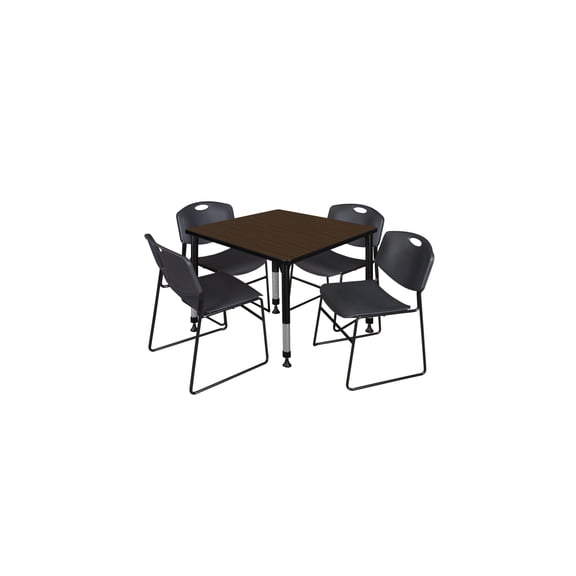 Regency Kee 36 in. Square Adjustable Classroom Table- Neo Walnut Top, Black Base & 4 Black Zeng Stack Chairs