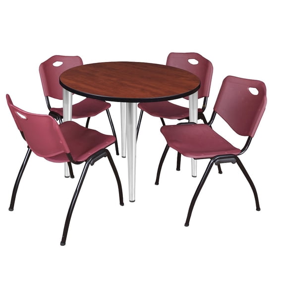 Regency Kahlo 42 in. Round Breakroom Table- Cherry Top, Black Base & 4 M Stack Chairs- Burgundy