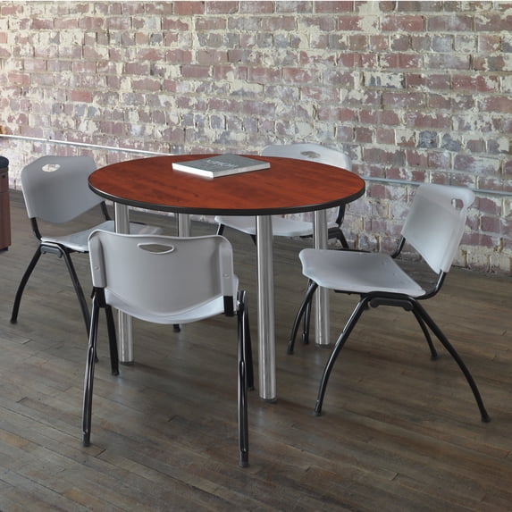 Regency Kee 42" Round Breakroom Table- Cherry/ Chrome & 4 'M' Stack Chairs- Grey