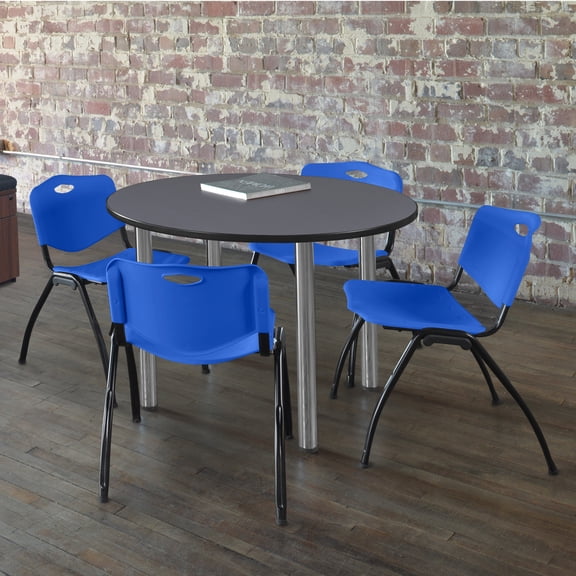 Regency Kee 42" Round Breakroom Table- Grey/ Chrome & 4 'M' Stack Chairs- Blue