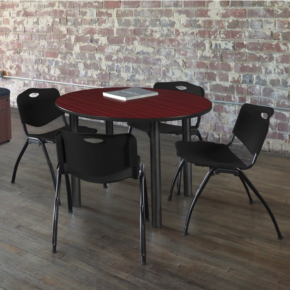 Regency Kee 42" Round Breakroom Table- Mahogany/ Black & 4 'M' Stack Chairs- Black
