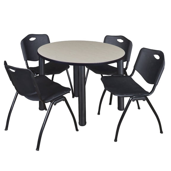 Regency 42 in Round Breakroom Table- Maple Top, Black Legs, 4 M Stack Chairs- Black