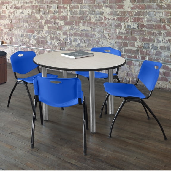 Kee 42" Round Breakroom Table- Maple/ Chrome & 4 'M' Stack Chairs- Blue