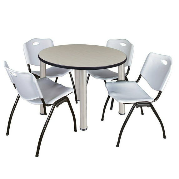 Regency 42 in Round Breakroom Table- Maple Top, Chrome Legs, 4 M Stack Chairs- Grey