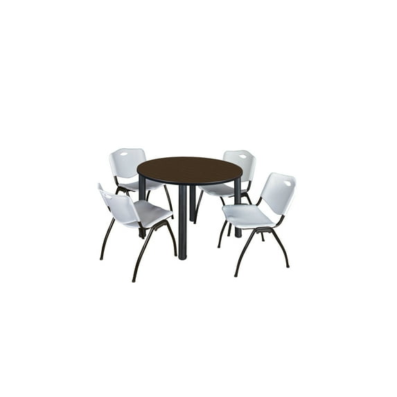 Regency Kee 42" Round Breakroom Table- Neo Walnut/ Black & 4 'M' Stack Chairs- Grey