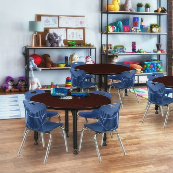 Regency Kee 42 in. Round Adjustable Classroom Table- Mahogany & 4 Andy 12 in. Stack Chairs- Blue