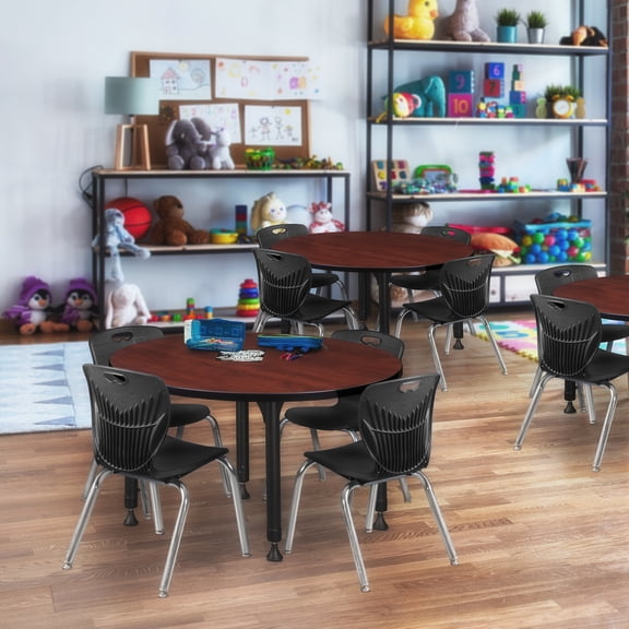 Regency Kee 42" Round Height Adjustable Classroom Table - Cherry & 4 Andy 12-in Stack Chairs- Black