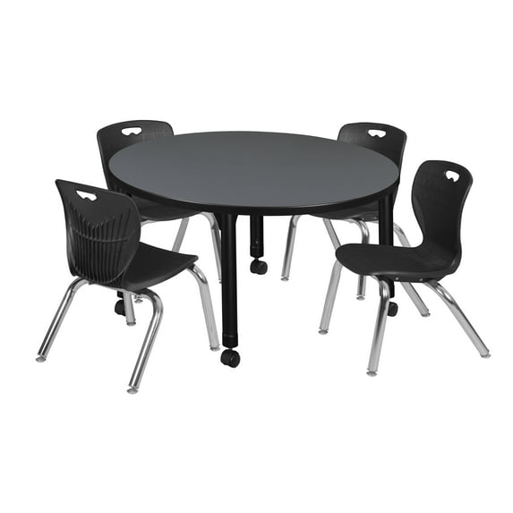Regency Kee 42 in. Round Adjustable Classroom Table- Grey & 4 Andy 12 in. Stack Chairs- Black