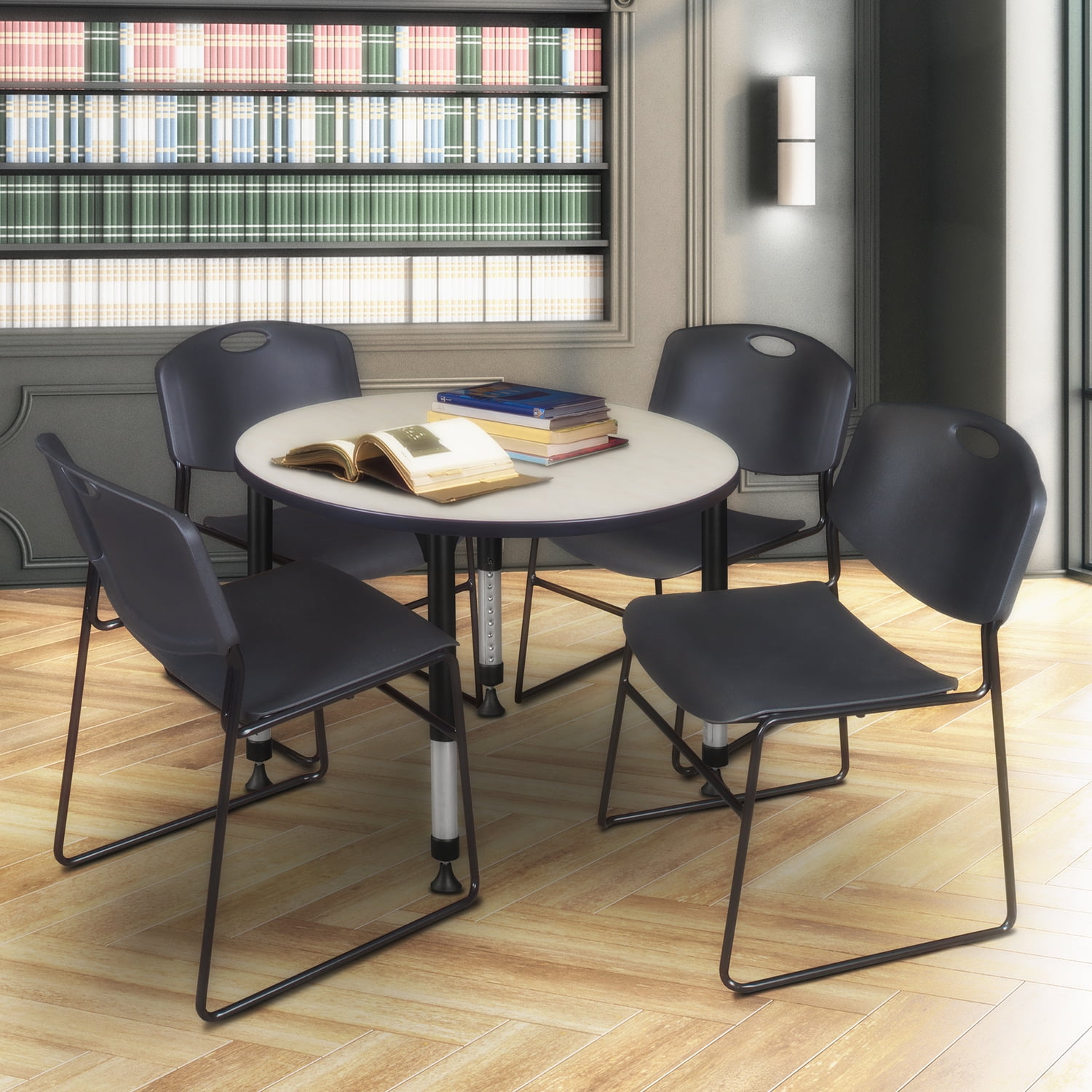Regency Kee 42" Round Height Adjustable Classroom Table - Maple & 4 Zeng Stack Chairs- Black