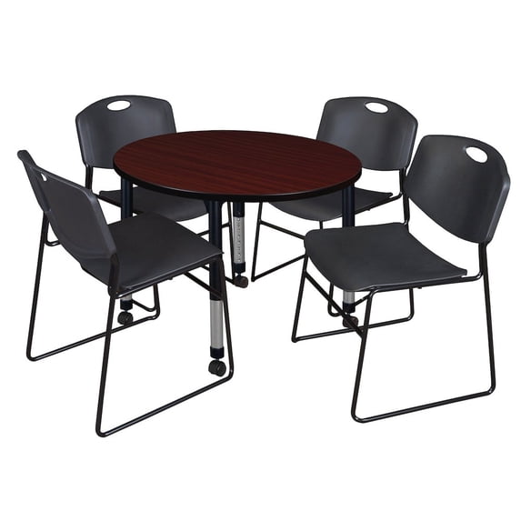 Regency 42 Round Mobile Classroom Table- Mahogany & 4 Zeng Stack Chairs- Black