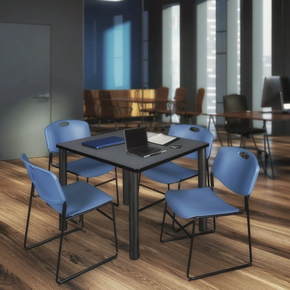 Square Gray Table w/4 Blue Chairs, Square,42", 42" W, 29" H, Gray TB4242GYBPBK44BE