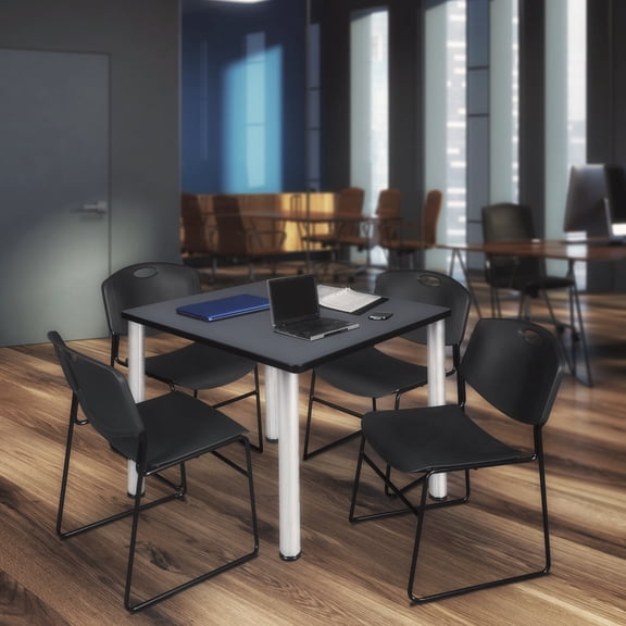 Kee 42" Square Breakroom Table- Grey/ Chrome & 4 Zeng Stack Chairs- Black
