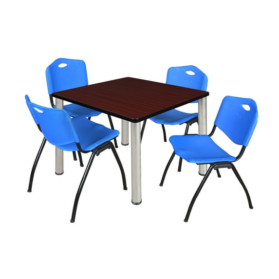 Kee 42" Square Breakroom Table- Mahogany/ Chrome & 4 'M' Stack Chairs- Blue