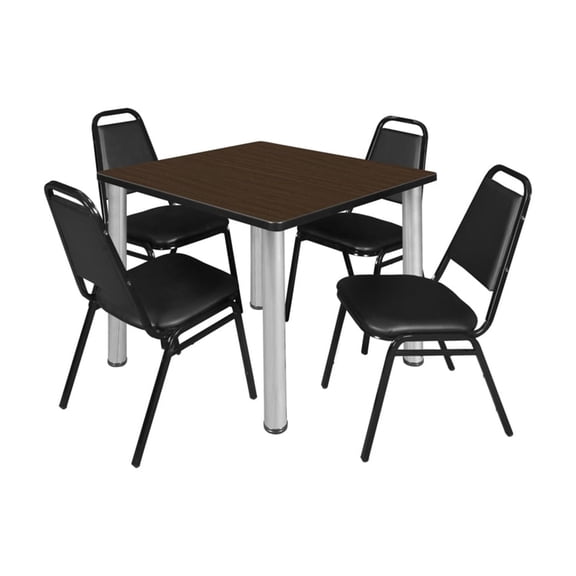 Regency Kee 42" Square Breakroom Table- Neo Walnut/ Chrome & 4 Restaurant Stack Chairs- Black