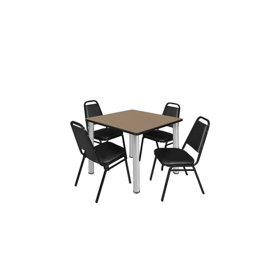 Regency Kee 42" Square Breakroom Table- Noble Oak/ Chrome & 4 Restaurant Stack Chairs- Black