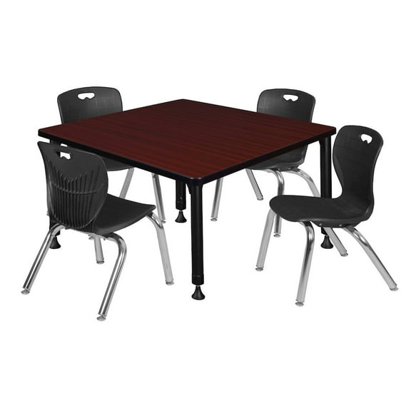 Regency 42 Square Adjustable Classroom Table- Mahogany & 4 Andy 12 Stack Chairs- Black
