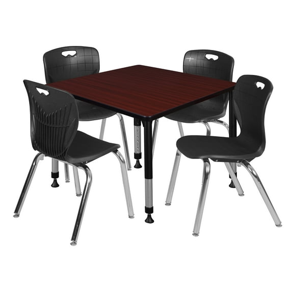Regency Kee 42" Square Height Adjustable Classroom Table - Mahogany & 4 Andy 18-in Stack Chairs- Black