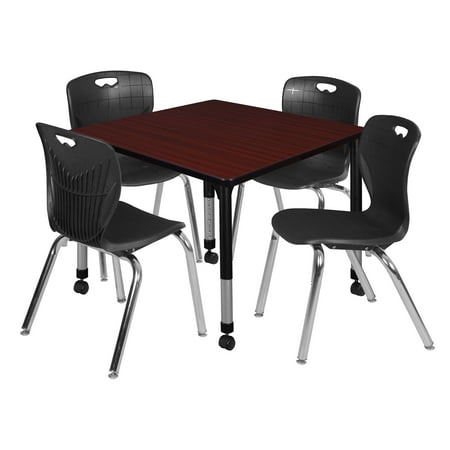 Regency Kee 42" Square Height Adjustable Moblie Classroom Table - Mahogany & 4 Andy 18-in Stack Chairs- Black