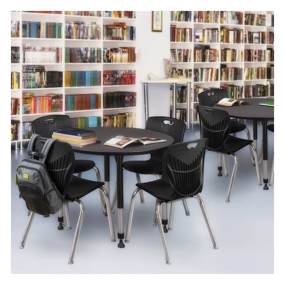 Regency Kee 42" Round Height Adjustable Classroom Table - Grey & 4 Andy 18-in Stack Chairs- Black