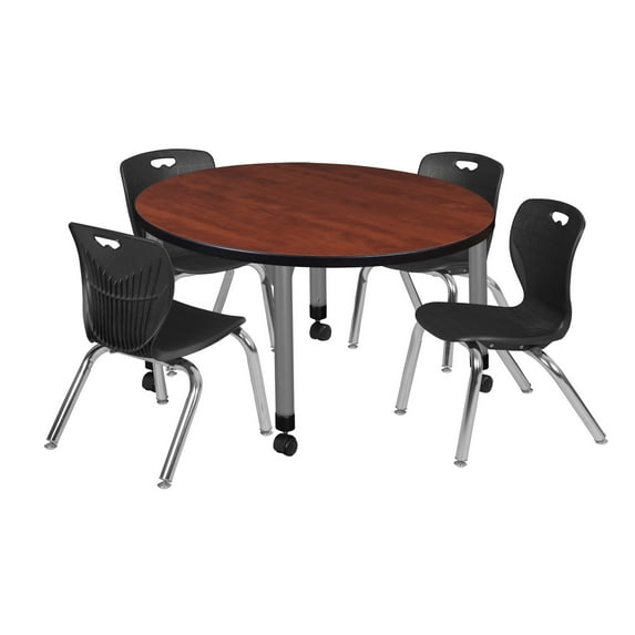 Regency Kee 42 in. Round Adjustable Classroom Table- Cherry & 4 Andy 12 in. Stack Chairs- Black & Grey Base