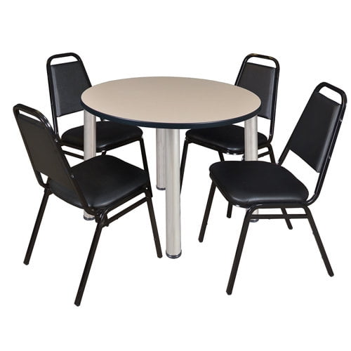 Regency Kee 42 in Round Breakroom Table- Beige Top, Chrome Legs, 4 Restaurant Stack Chairs
