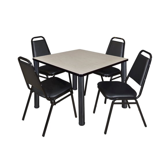 Kee 42" Square Breakroom Table- Maple/ Black & 4 Restaurant Stack Chairs- Black
