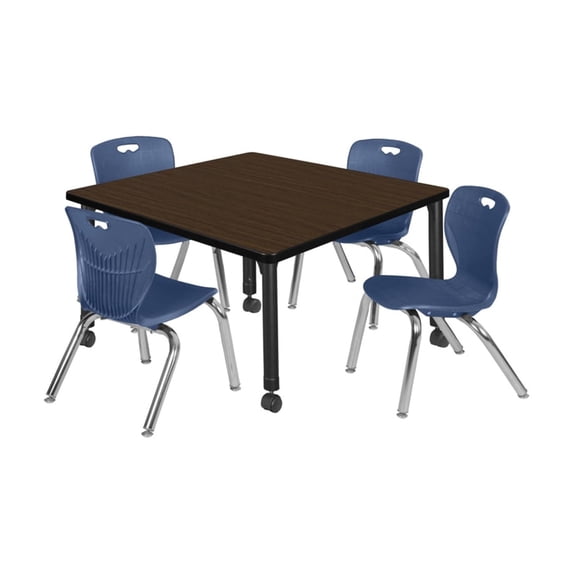 Regency Kee 42 in. Square Mobile Adjustable Classroom Table- Neo Walnut Top, Black Base & 4 Andy 12 in. Blue Stack Chairs