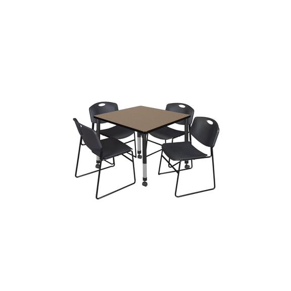 Regency Kee 42 in. Square Mobile Adjustable Classroom Table- Noble Oak Top, Black Base & 4 Black Zeng Stack Chairs