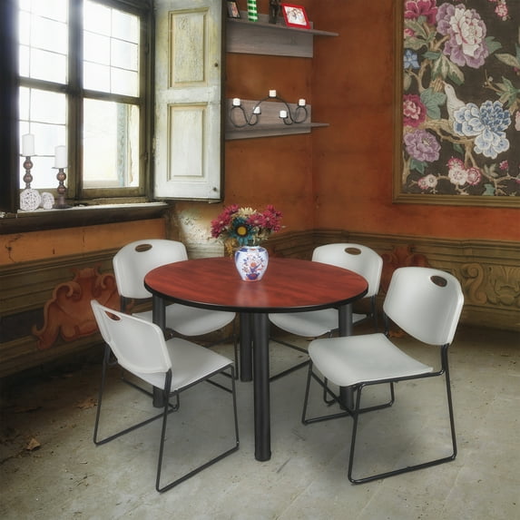 Kee 48" Round Breakroom Table- Cherry/ Black & 4 Zeng Stack Chairs- Grey