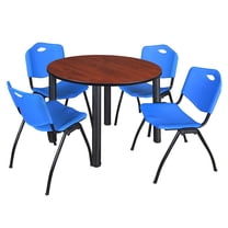 Regency 48 in Round Breakroom Table- Cherry Top, Black Legs, 4 M Stack Chairs- Blue