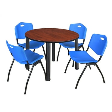Regency Kee 48" Round Breakroom Table- Cherry/ Black & 4 'M' Stack Chairs- Blue