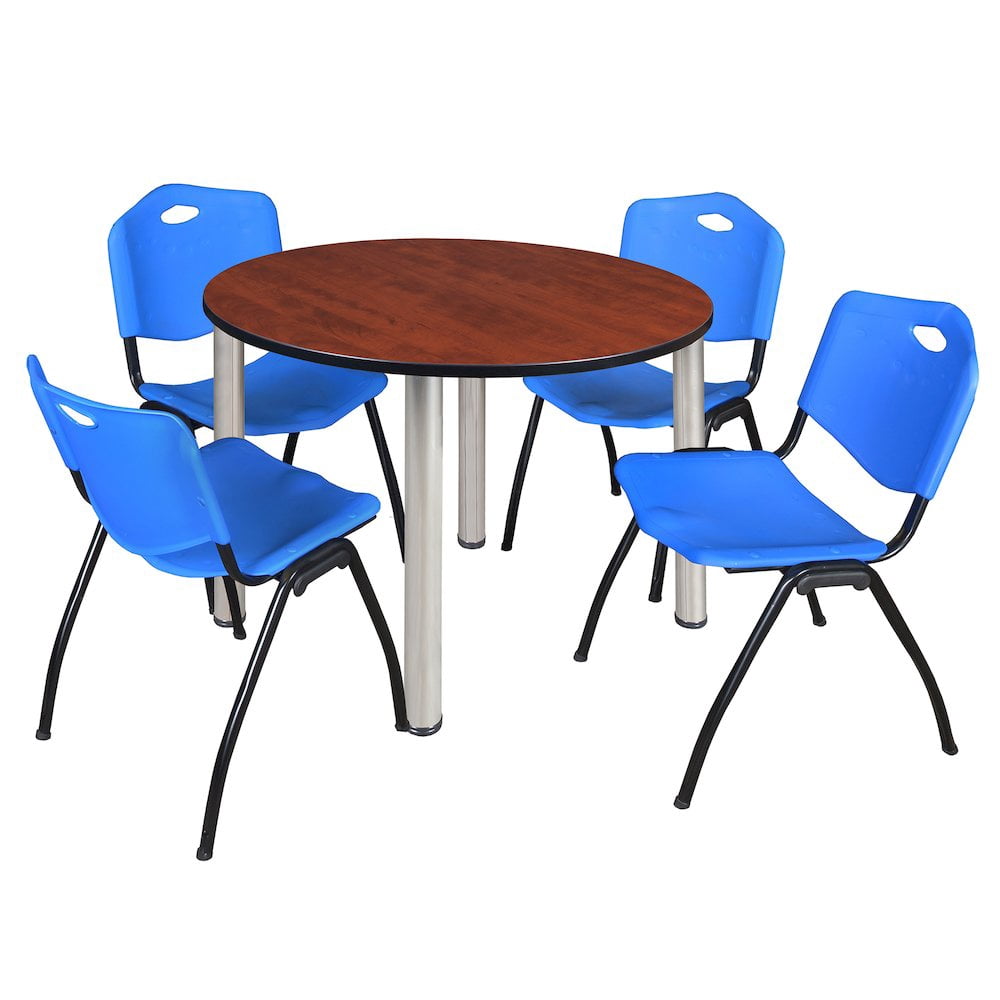 Kee 48" Round Breakroom Table- Cherry/ Chrome & 4 'M' Stack Chairs- Blue