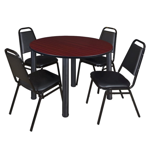 Regency 48 in Round Breakroom Table- Mahogany Top, Black Legs, 4 Restaurant Stack Chairs