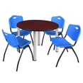 thumbnail image 1 of Kee 48" Round Breakroom Table- Mahogany/ Chrome & 4 'M' Stack Chairs- Blue, 1 of 6
