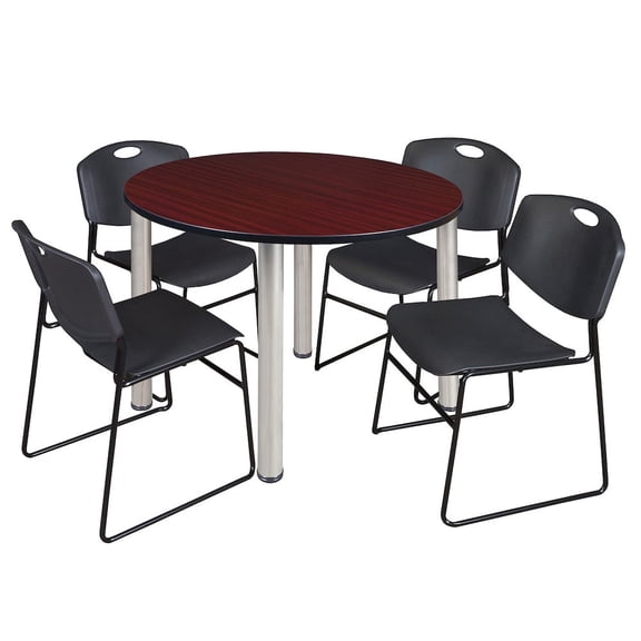 Regency 48 Round Breakroom Table- Mahogany Top, Chrome Legs, 4 Zeng Stack Chairs- Black