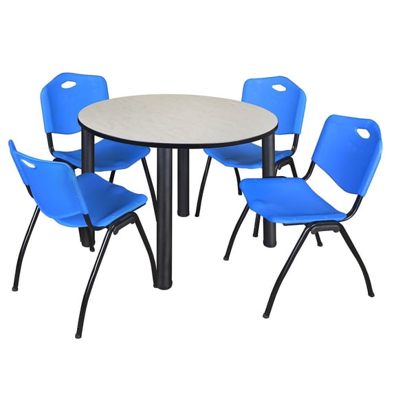 Romig Kahlo 48 in. Round Breakroom Table- Maple Top, Black Base & 4 M Stack Chairs- Blue