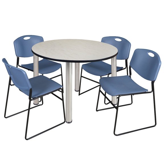 Regency 48 in Round Breakroom Table- Maple Top, Chrome Legs, 4 Zeng Stack Chairs- Blue